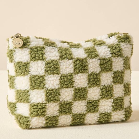 Sherpa Teddy Travel Cosmetic Pouch Check Green White - Picture 1 of 6